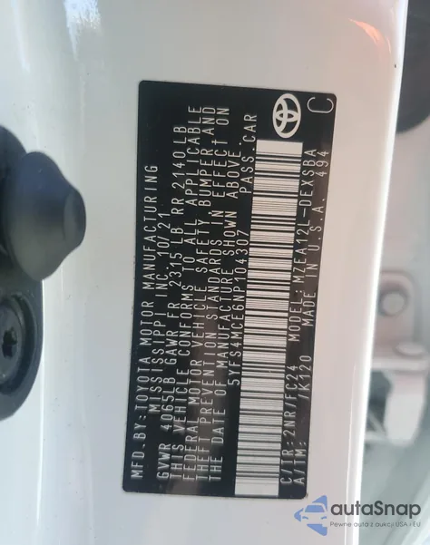 2022 Toyota Corolla Se z USA, uszkodzony, nr VIN 5YFS4MCE6NP104307